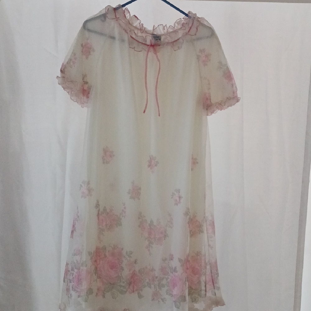 Vintage Nylon Floral Sheer Night Gown with Pink Accents Made in Britain